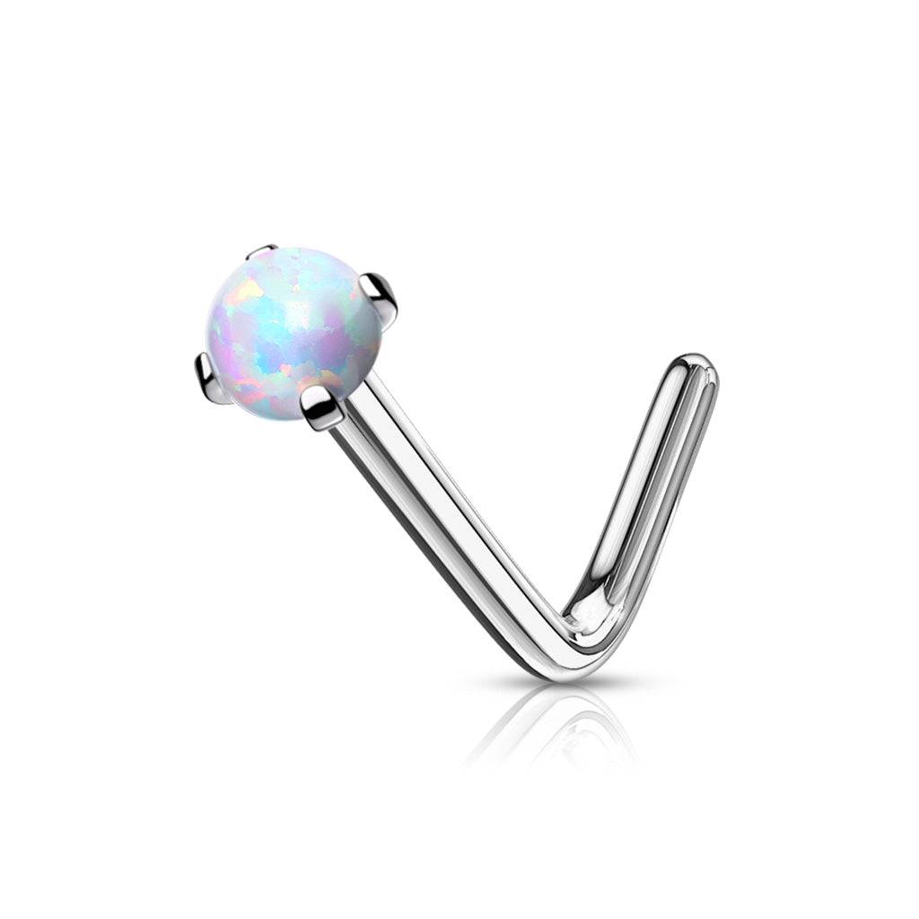 316L Surgical Steel Bent L Shape Nose Ring Stud with Opal Gem