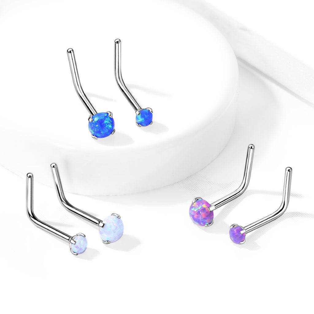 316L Surgical Steel Bent L Shape Nose Ring Stud with White Opal Gem