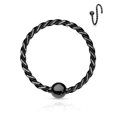 316L Surgical Steel Black PVD Twisted Rope Nose Hoop Ring with Fixed Ball 316L Surgical Steel Black PVD Twisted Rope Nose Hoop Ring with Fixed Ball