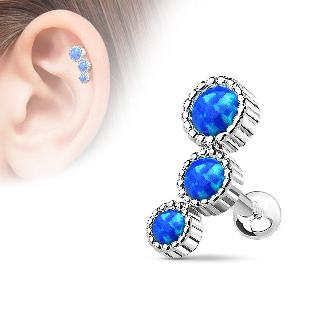 316L Surgical Steel Blue Opal 3 Gem Cartilage Ring