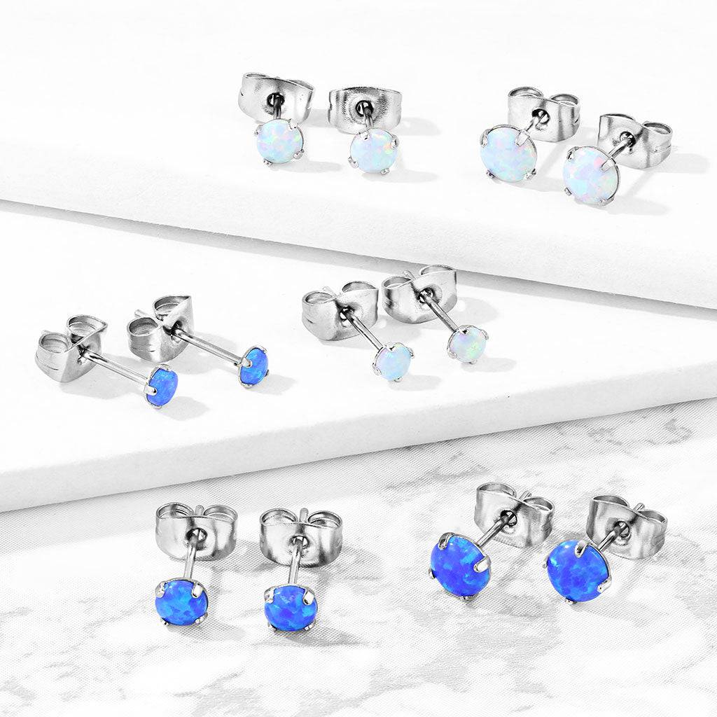 Pair of 316L Surgical Steel Blue Opal Earrings Studs