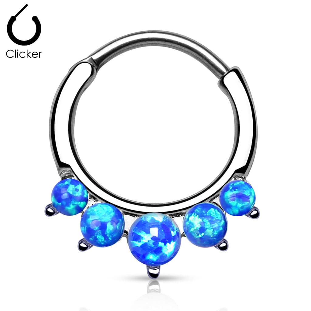 316L Surgical Steel Curved Septum Ring Clicker with 5 Opal Gems