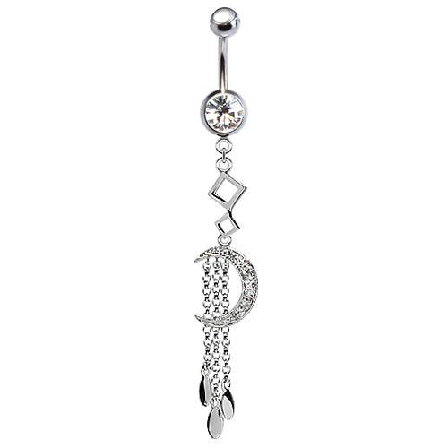 316L Surgical Steel CZ Moon with Chain Teardrops Dangle Belly Ring