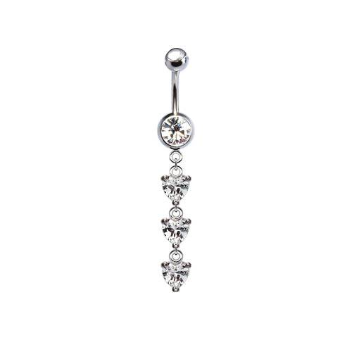 316L Surgical Steel Dainty Triple Heart CZ Dangle Belly Ring