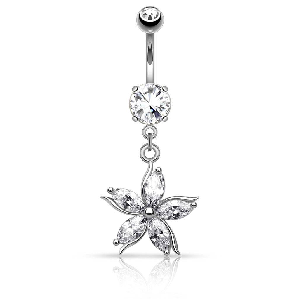 316L Surgical Steel Dangling CZ Gem Star Flower Belly Ring