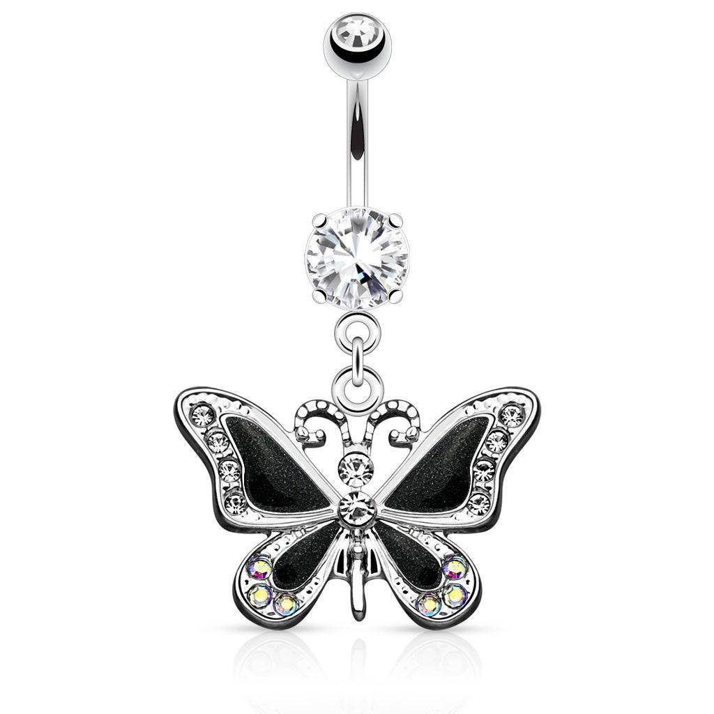 316L Surgical Steel Dangling Epoxy CZ Cute Butterfly Belly Button Navel Ring