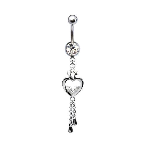 316L Surgical Steel Diamond Lined Heart with Butterfly Top & Chain Dangle Belly Ring