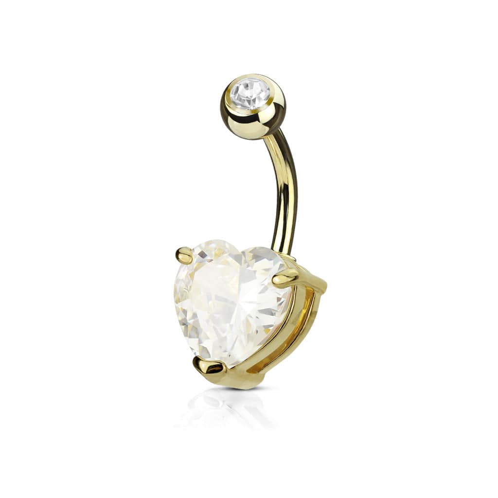 316L Surgical Steel Double Gem Heart CZ Belly Ring