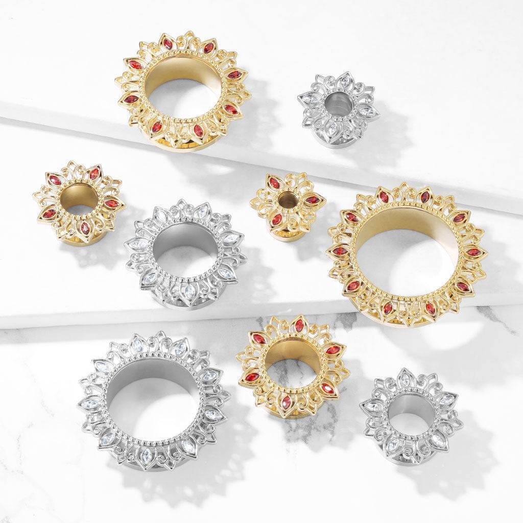 316L Surgical Steel Floral Tribal Red CZ Ear Tunnels
