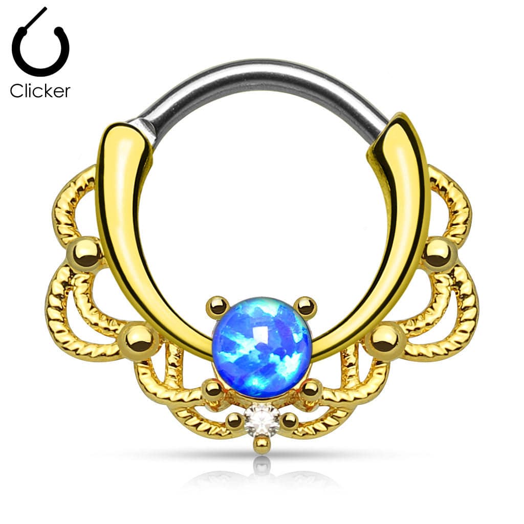 316L Surgical Steel Gold Plated Hinged Opal Stone Lace Septum Clicker Ring