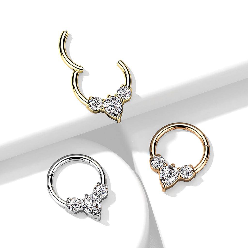 316L Surgical Steel Gold PVD 3 White CZ Gem Teardrop Dainty Septum Ring Hinged Clicker Hoop