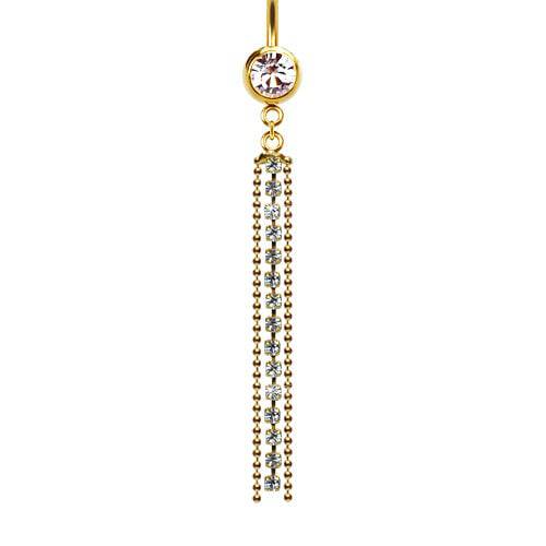 316L Surgical Steel Gold PVD Elegant Triple CZ Tassel Dangle Belly Ring