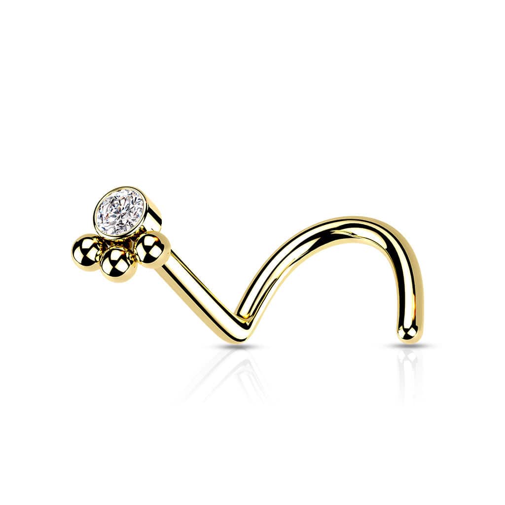 316L Surgical Steel Gold PVD Tribal Ball White CZ Corkscrew Nose Ring Stud