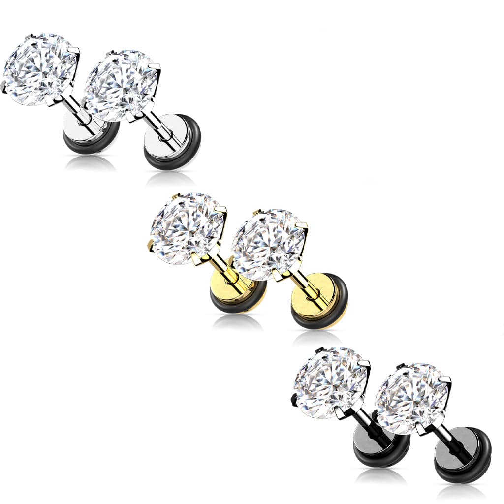 316L Surgical Steel Gold PVD White CZ Round Clawed Fake Plug Earrings