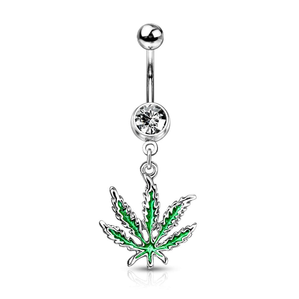 316L Surgical Steel Green PVD Weed Leaf Dangle Belly Ring