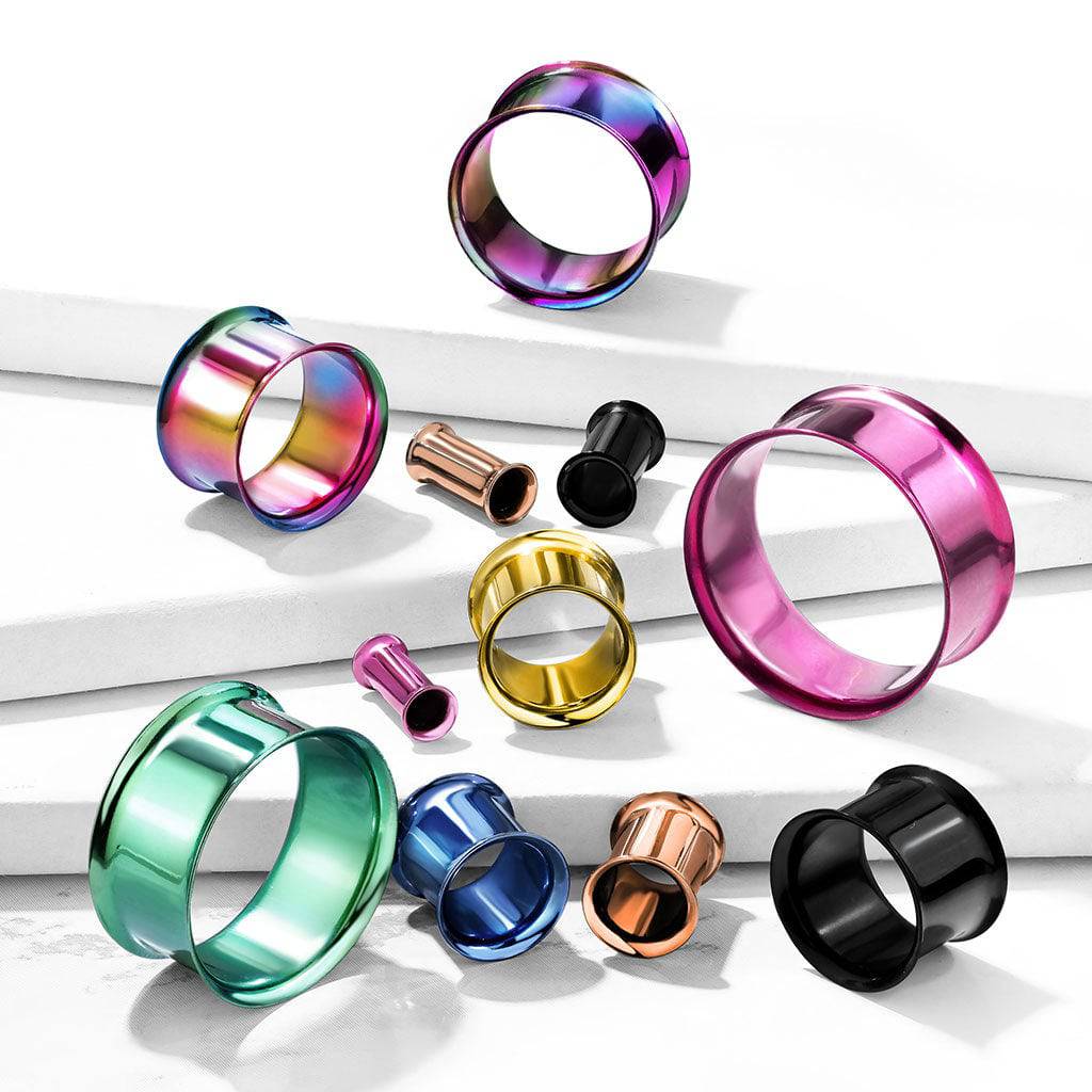 316L Surgical Steel High Polished Rainbow PVD Double Flared Ear Gauges Tunnels