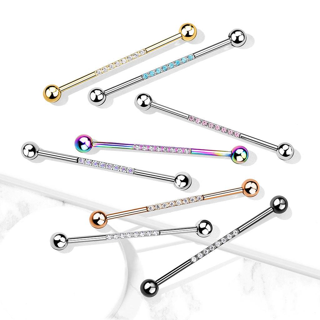 316L Surgical Steel Industrial Straight Barbell With Dainty Aurora Borealis CZ Gems