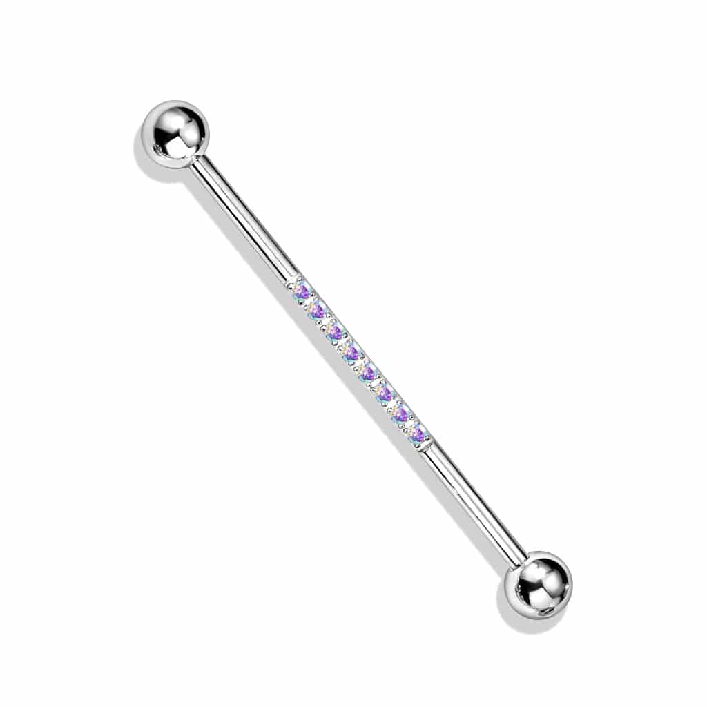 316L Surgical Steel Industrial Straight Barbell With Dainty Aurora Borealis CZ Gems