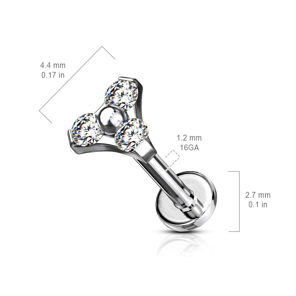 316L Surgical Steel Internally Threaded White Triangle CZ Labret