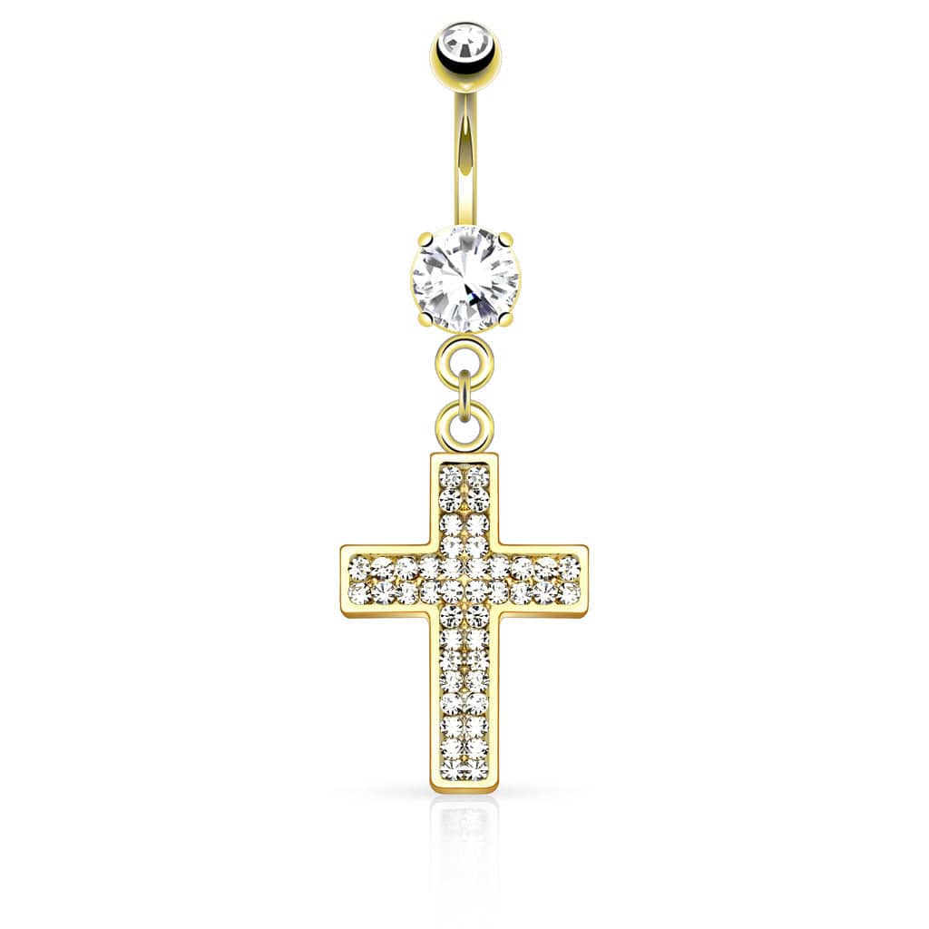 316L Surgical Steel Micro Paved CZ Jesus Crucifix Cross Dangle Belly Ring