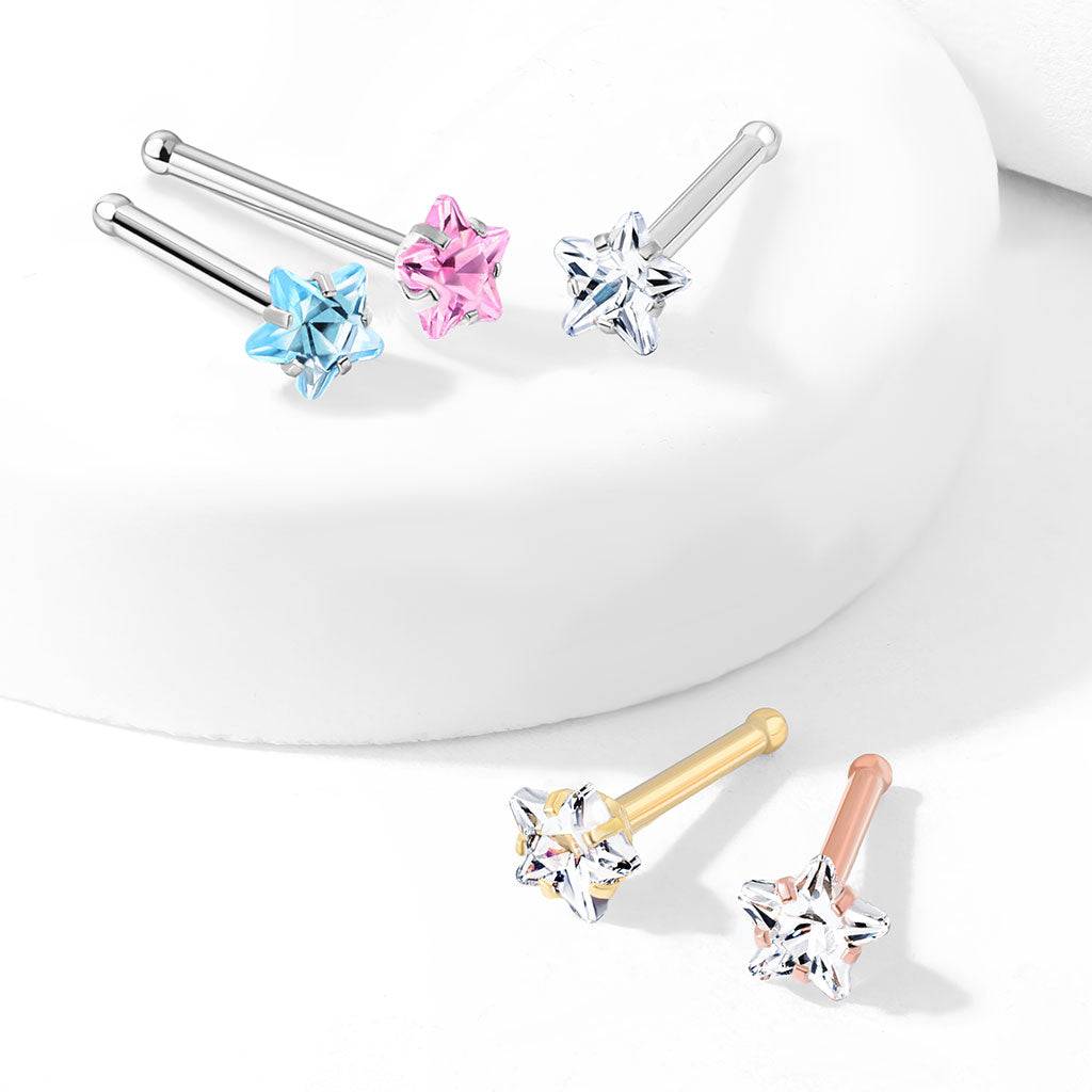 316L Surgical Steel Pink CZ Star Ball End Nose Ring Stud