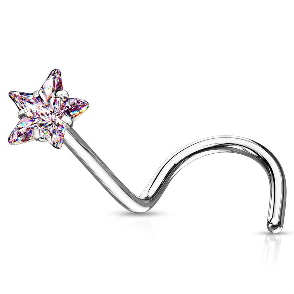 316L Surgical Steel Pink CZ Star Corkscrew Nose Ring Stud