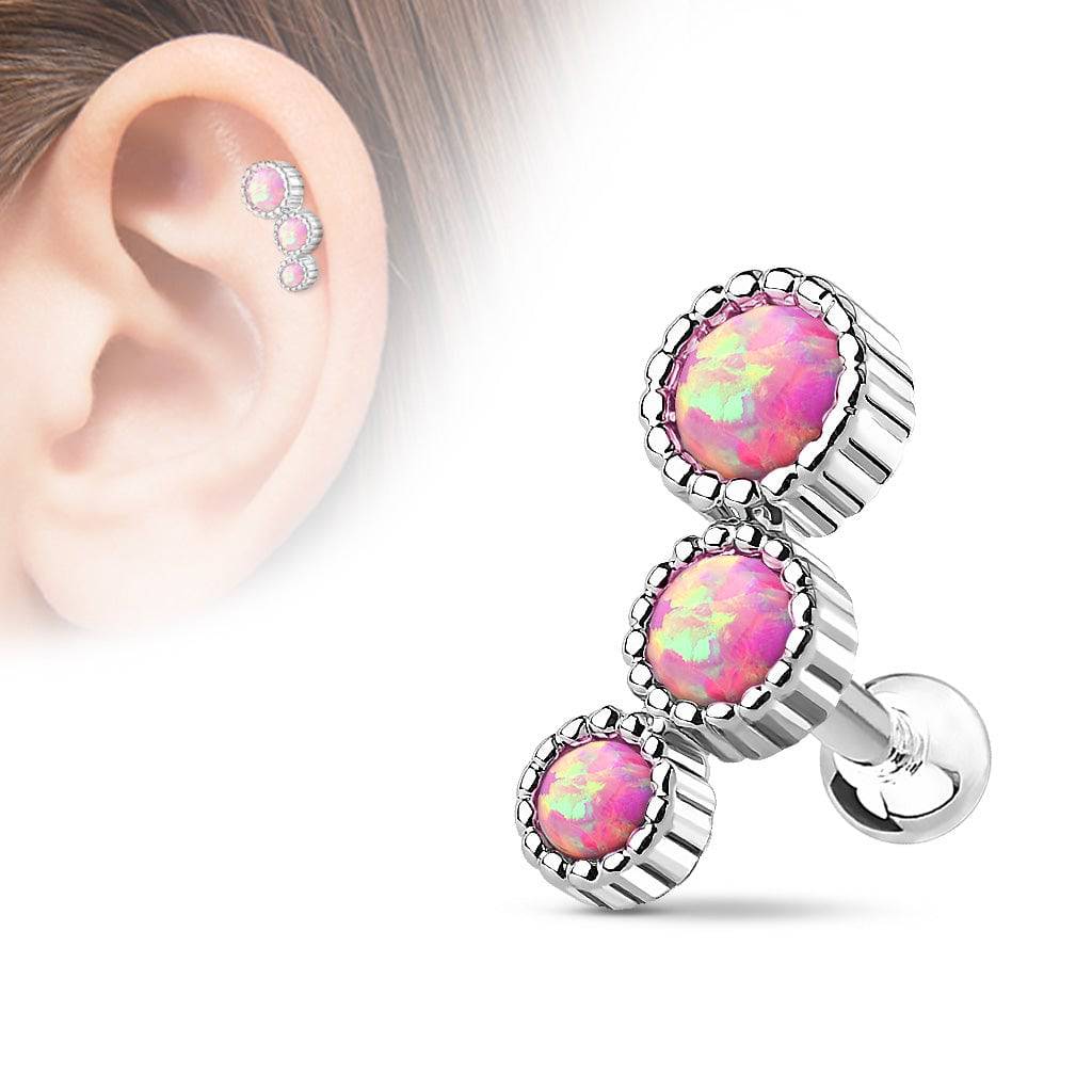 316L Surgical Steel Pink Opal 3 Gem Cartilage Ring