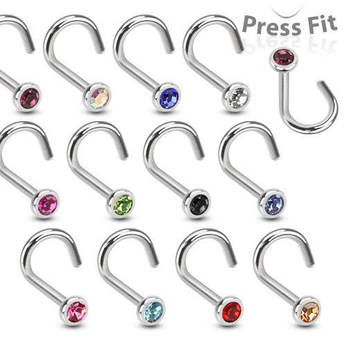 316L Surgical Steel Press Fit CZ Gem Nose Screw Stud