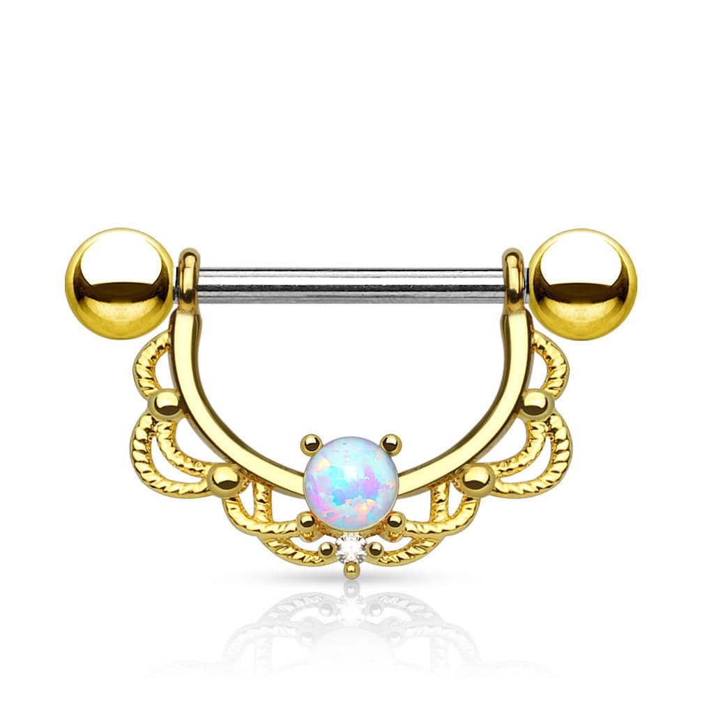 316L Surgical Steel Prong Set Opal with Laced Nipple Ring Barbell