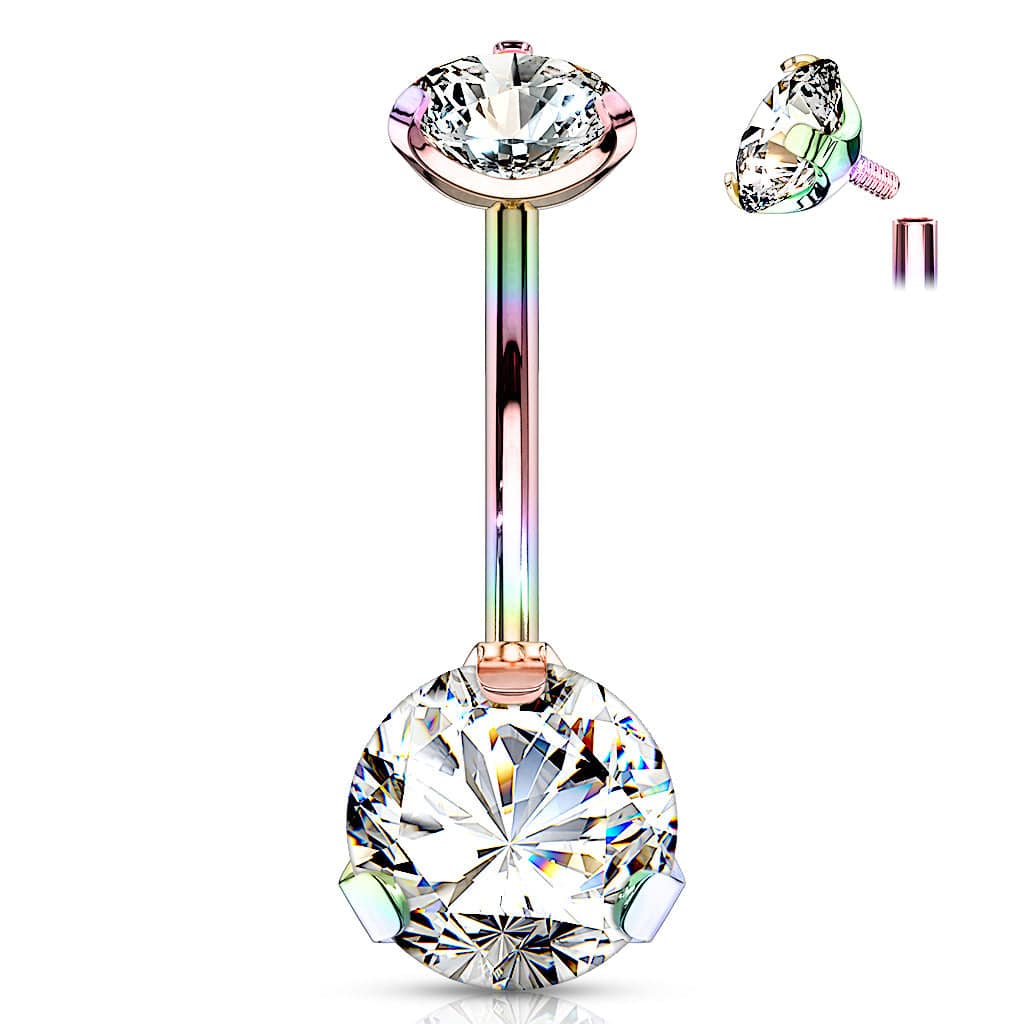 316L Surgical Steel Rainbow PVD Internally Threaded White CZ Belly Ring