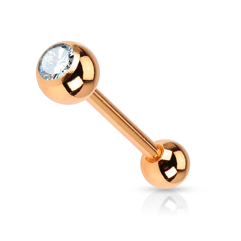 316L Surgical Steel Rose Gold Plated White Gem Straight Barbell Tongue Ring
