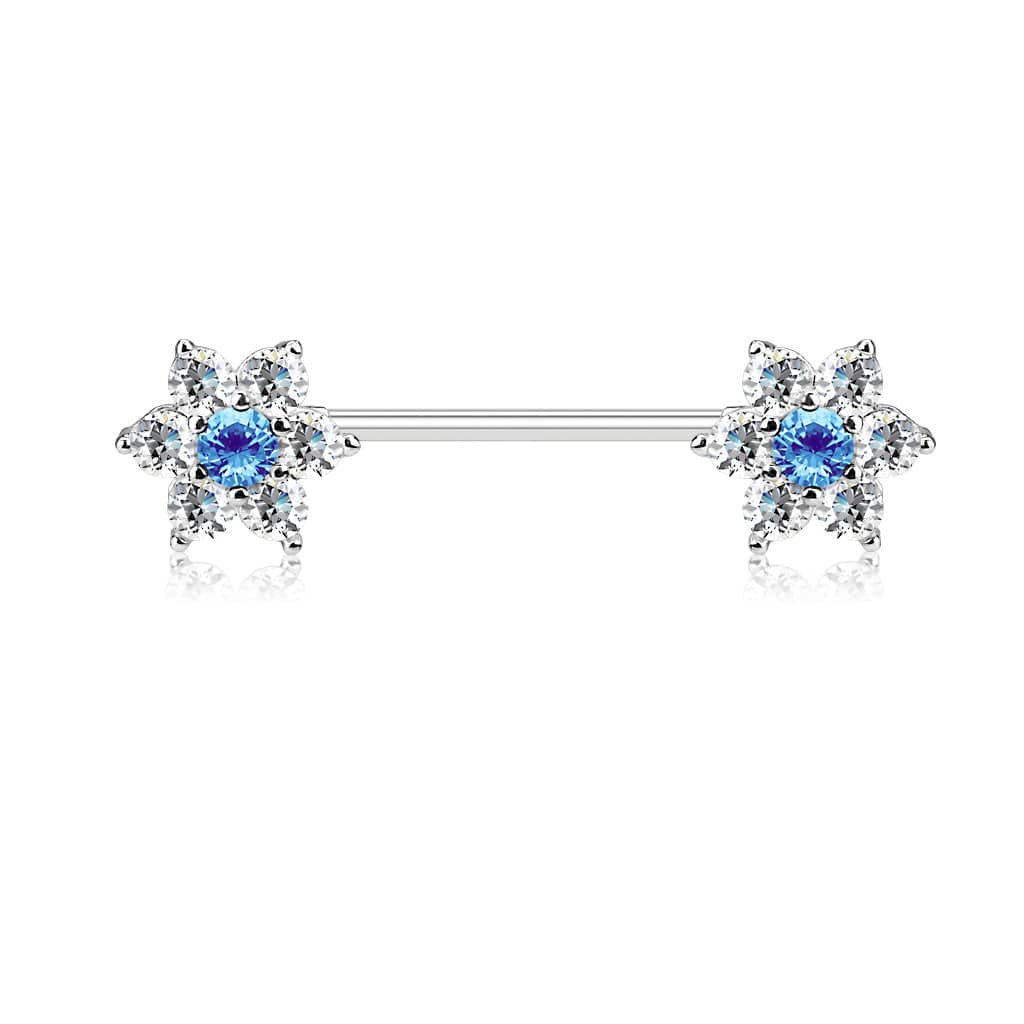 316L Surgical Steel White & Aqua CZ Flower Nipple Ring Barbell