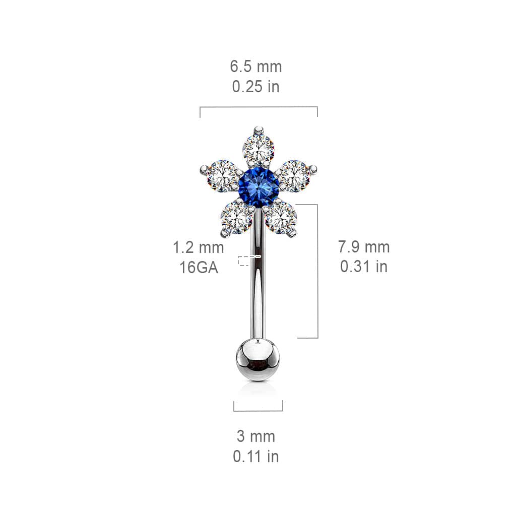 316L Surgical Steel White & Blue Flower Curved Barbell