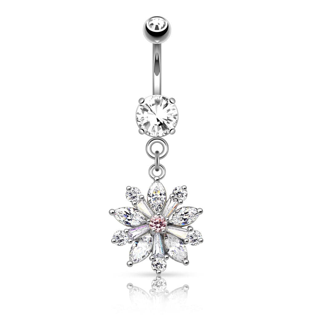 316L Surgical Steel White CZ Cut Snowflake Dangle Belly Button Navel Ring