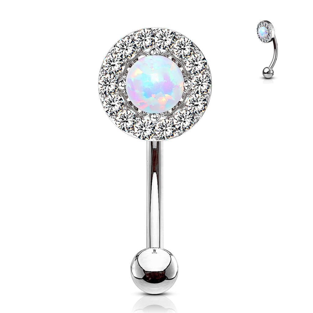 316L Surgical Steel White CZ Gem Cluster & White Opal Curved Barbell