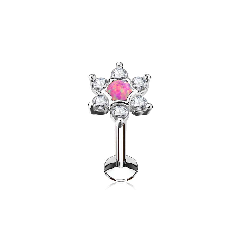 316L Surgical Steel White CZ with Pink Opal Flower Labret