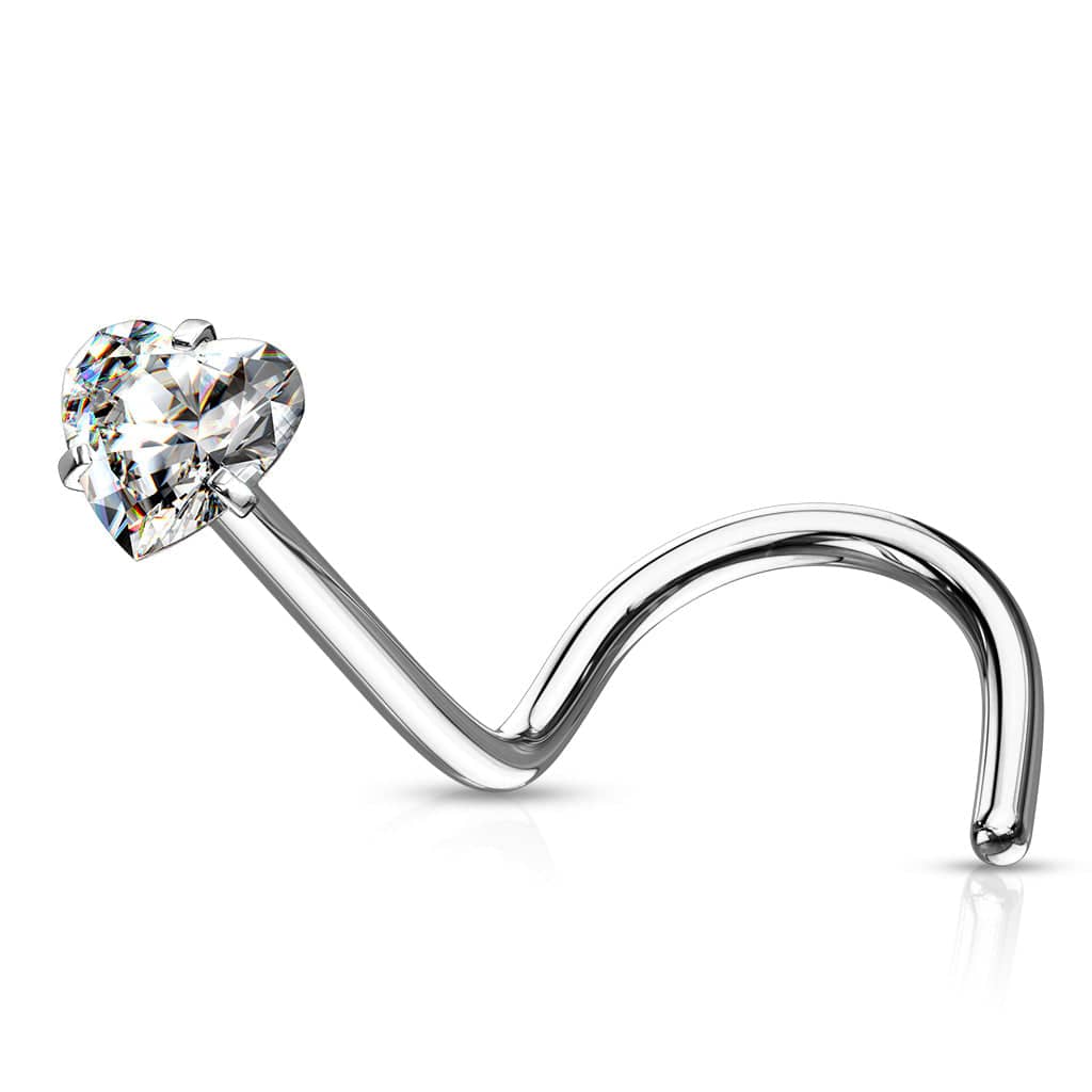 316L Surgical Steel White Heart CZ Corkscrew Nose Pin Ring