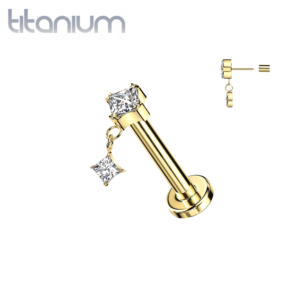 Implant Grade Titanium Gold PVD White CZ Square Gem Dangly Threadless Push In Labret