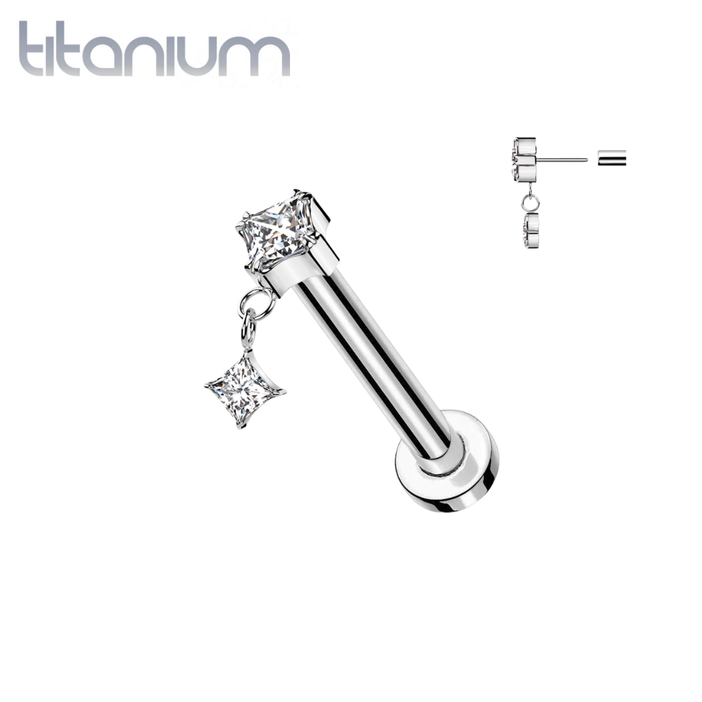 Implant Grade Titanium White CZ Square Gem Dangly Threadless Push In Labret