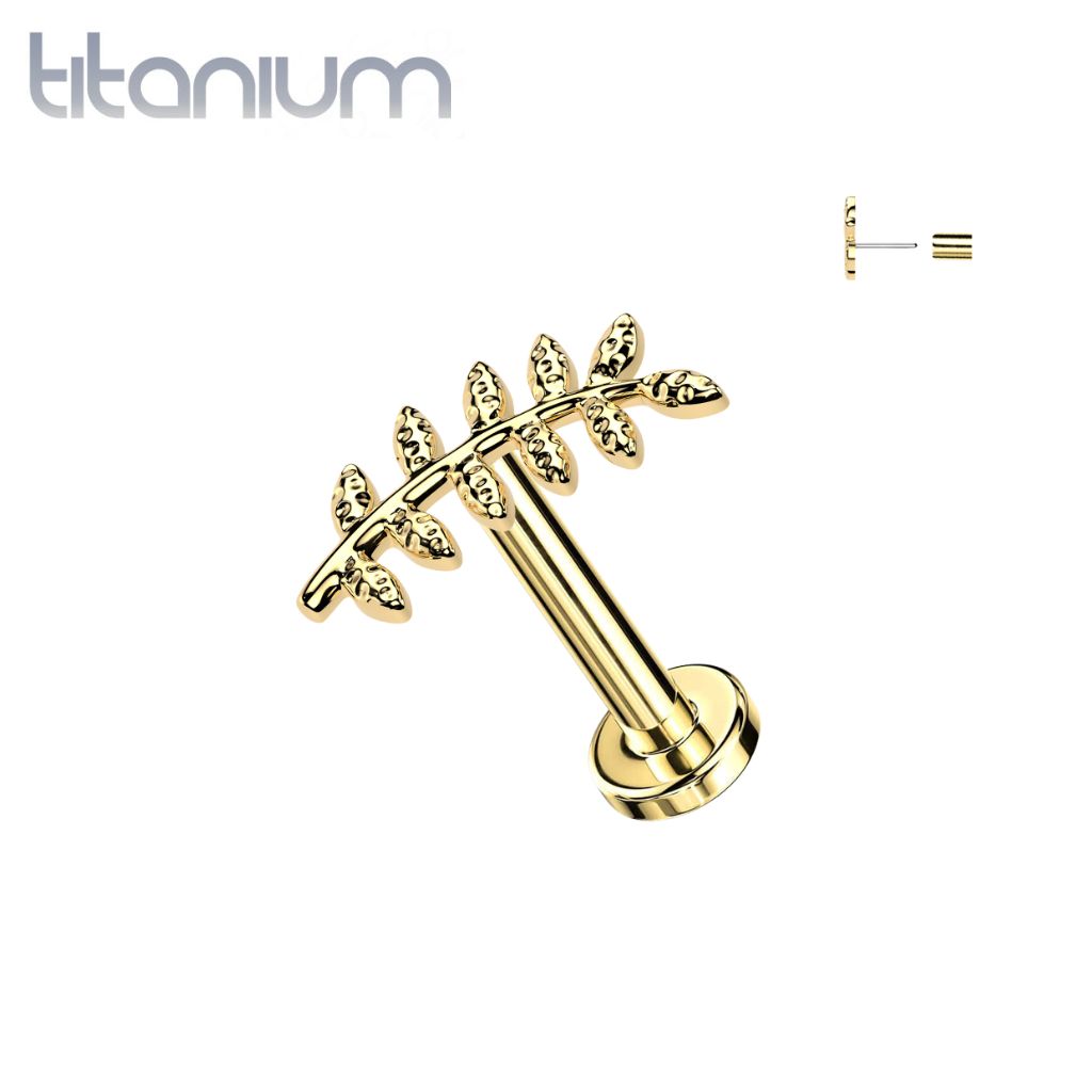 Implant Grade Titanium Gold PVD Curved Textured Leaf Push In Threadless Labret With Flat Back