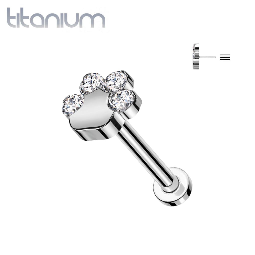 Implant Grade Titanium Paw Print CZ Threadless Push In Labret