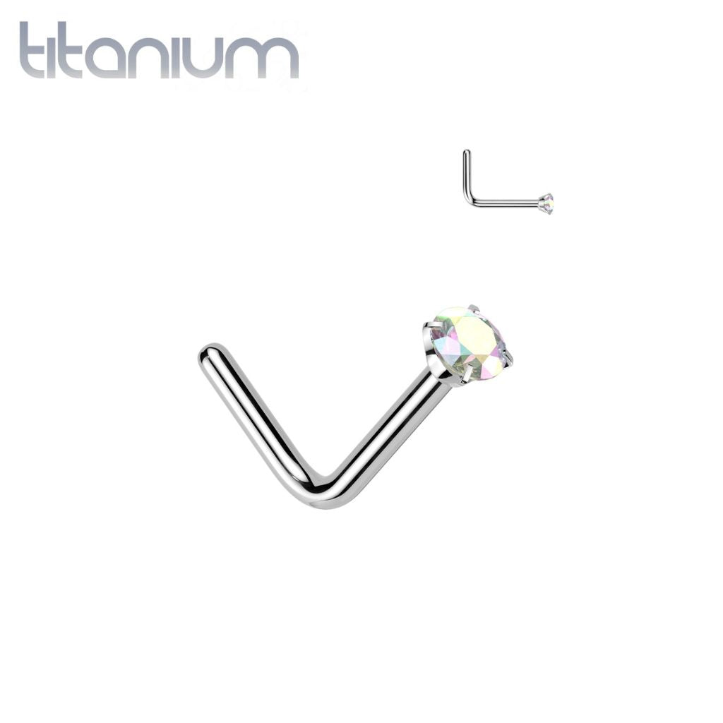 Implant Grade Titanium Aurora Borealis CZ L Shape Nose Stud