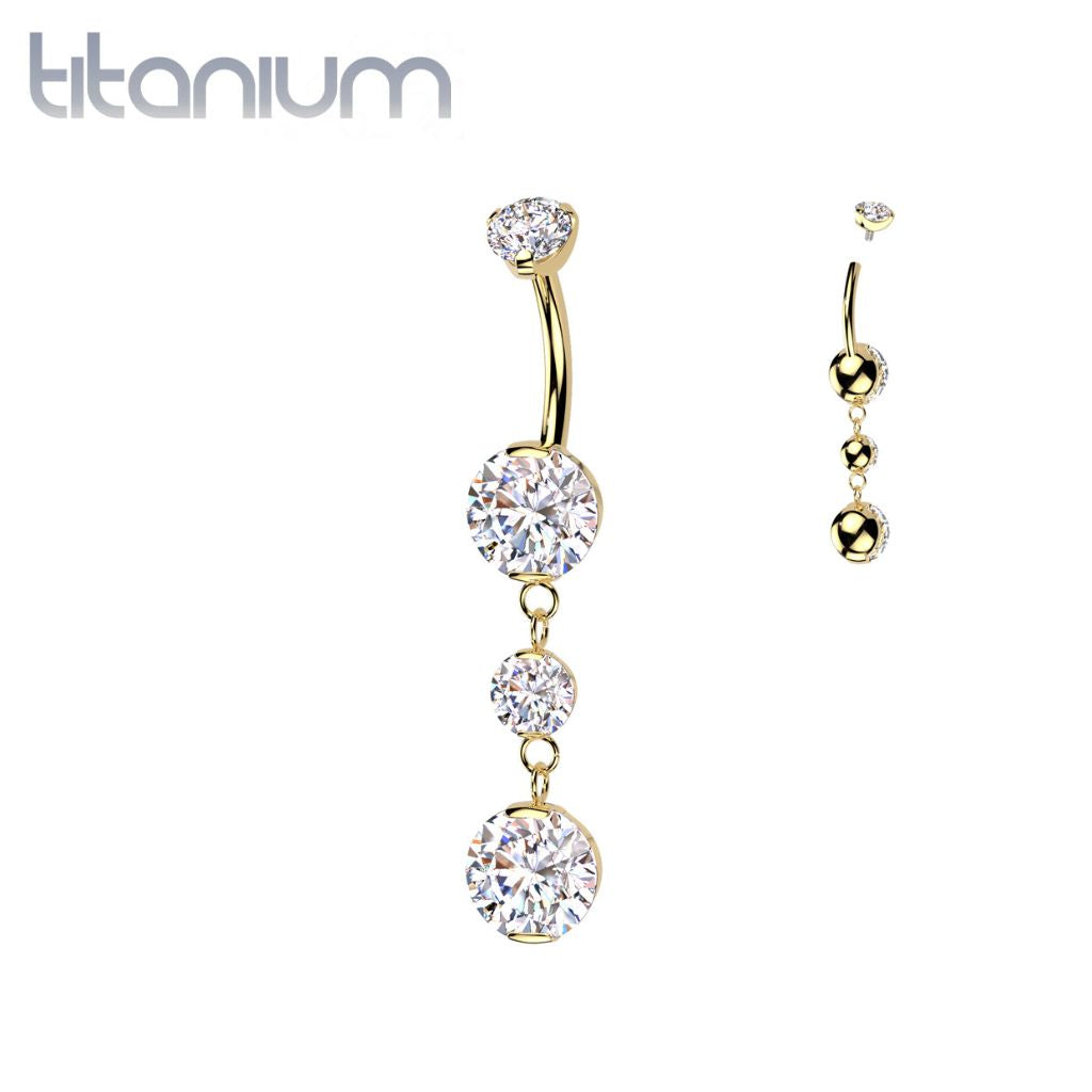 Implant Grade Titanium Gold PVD White CZ Internally Threaded Multi Gem Dangle Belly Ring