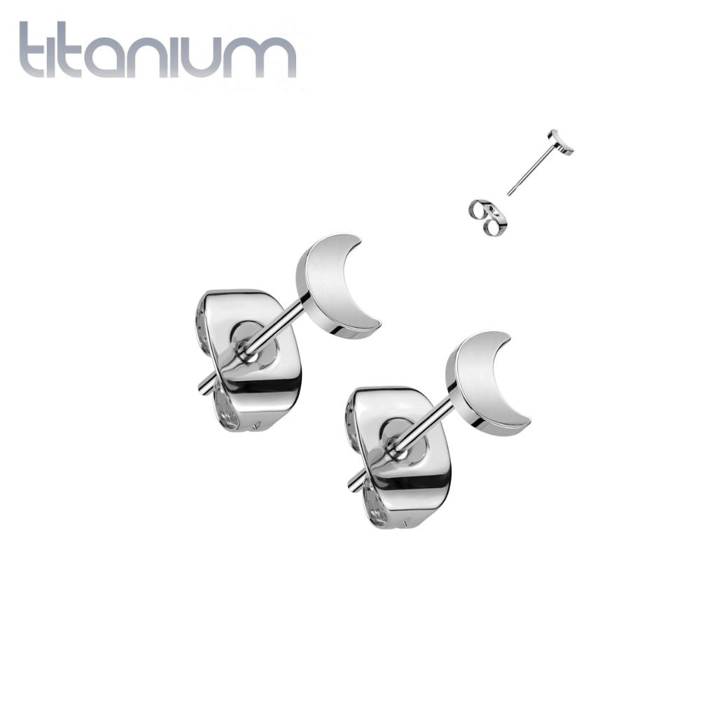 Pair of Implant Grade Titanium Simple Dainty Moon Shaped Stud Earrings