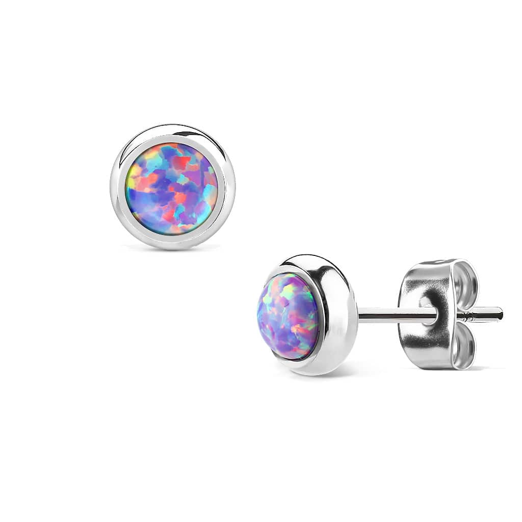 Pair of 6mm Bezel Purple Opal Surgical Steel Stud Earrings