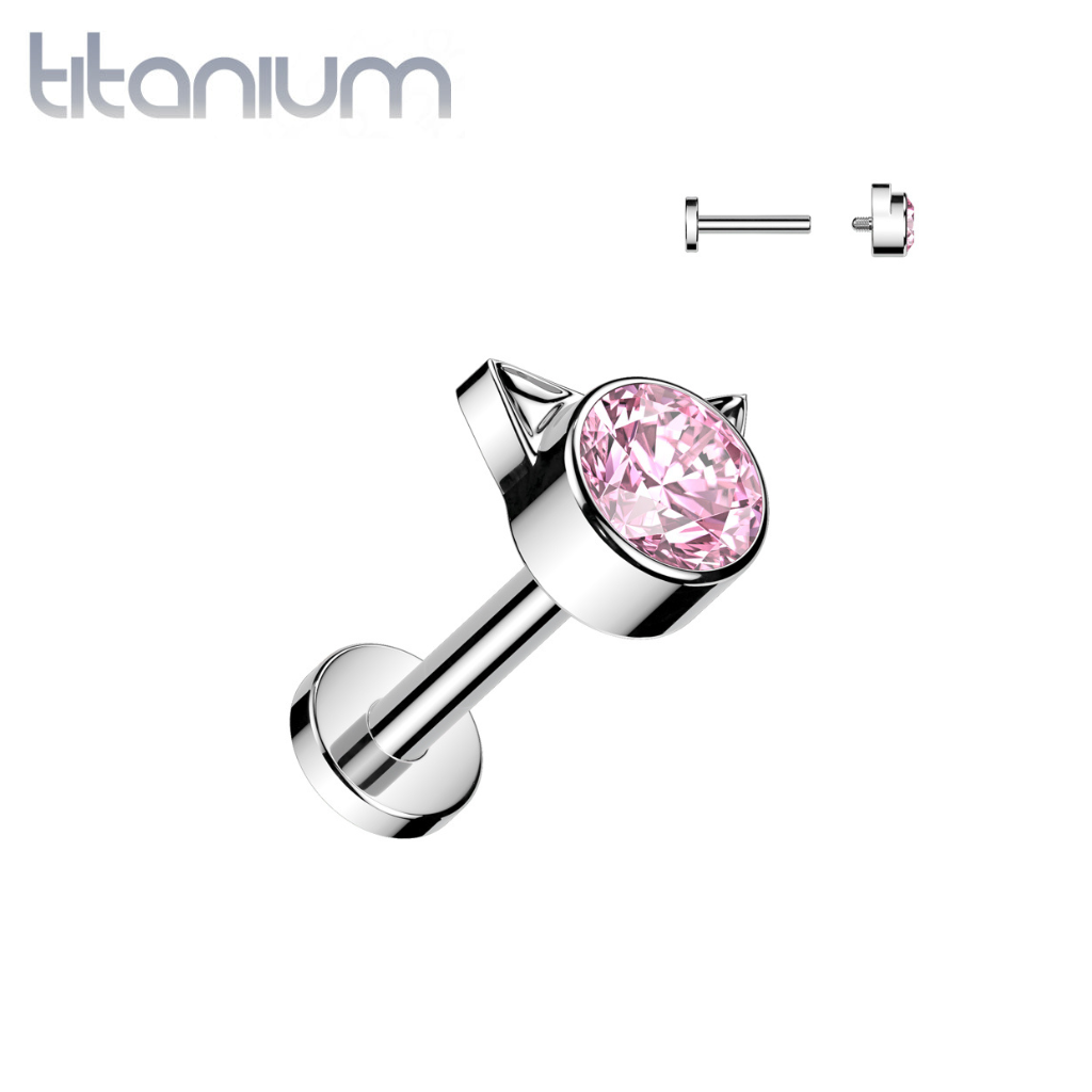 Implant Grade Titanium Pink CZ Cat Internally Threaded Flat Back Labret