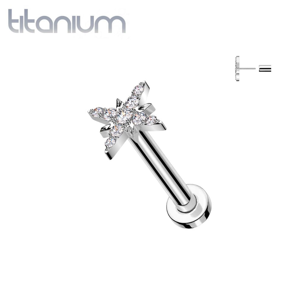 Implant Grade Titanium White CZ Large Starburst Push In Threadless Labret With Flat Back