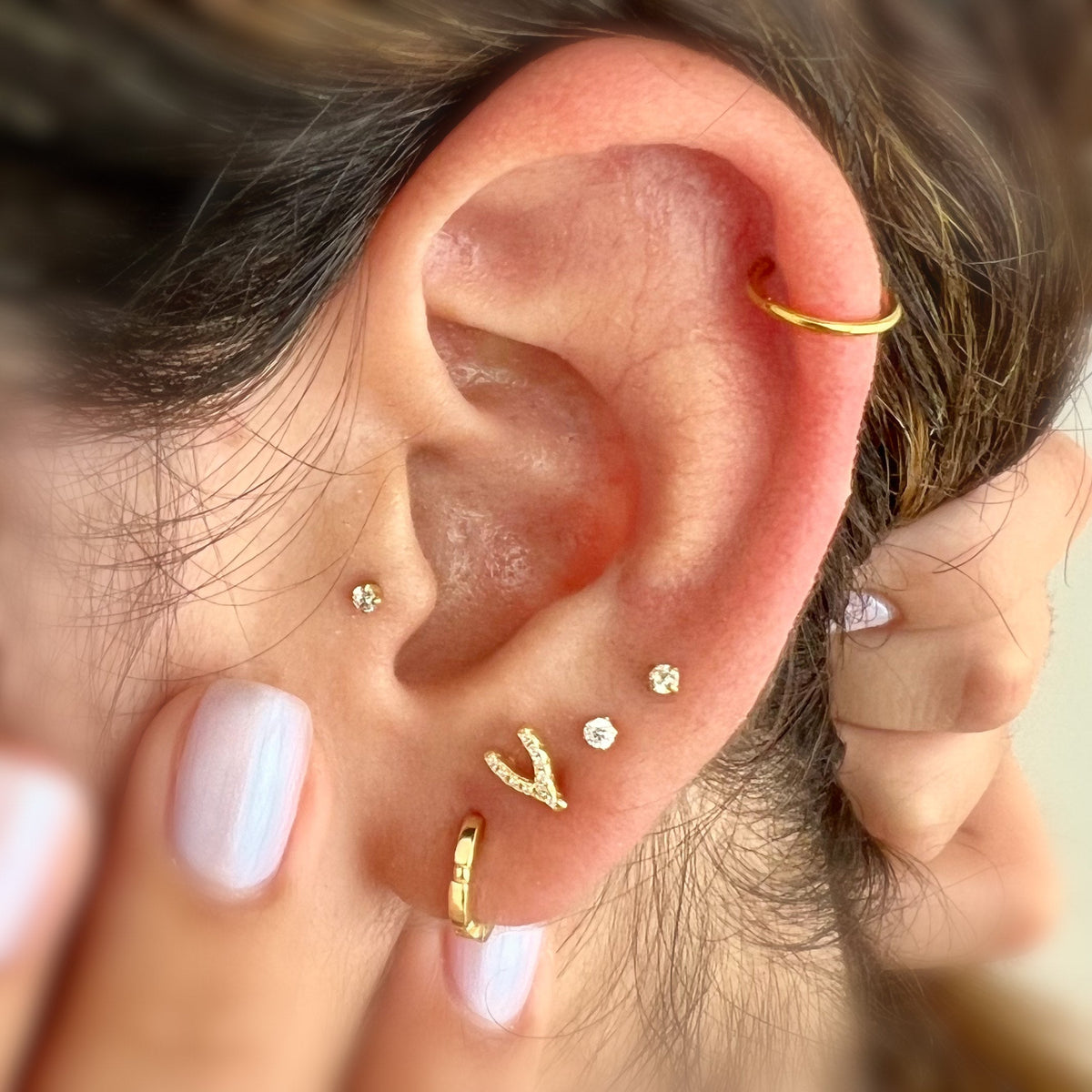 Pair of 925 Sterling Silver Gold PVD Small White CZ Wishbone Minimal Earring Studs