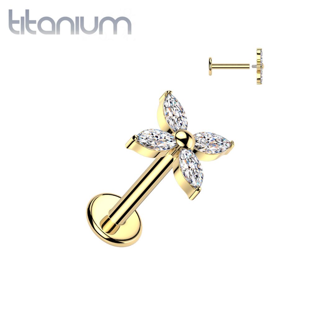 Implant Grade Titanium Gold PVD White CZ Large Four Petal Flower Internally Threaded Flat Back Labret