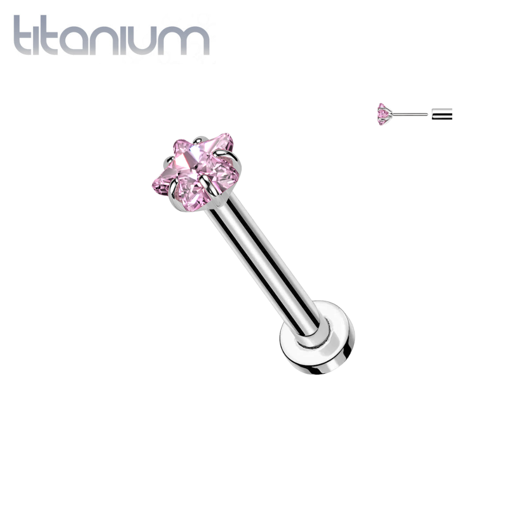 Implant Grade Titanium Threadless Pink CZ Star Shaped Gem Push In Labret With Flat Back